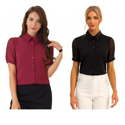 INSPIRE CHIC Women's Sheer Short Sleeve Point Collar Work Button Down Shirt 2 Packs