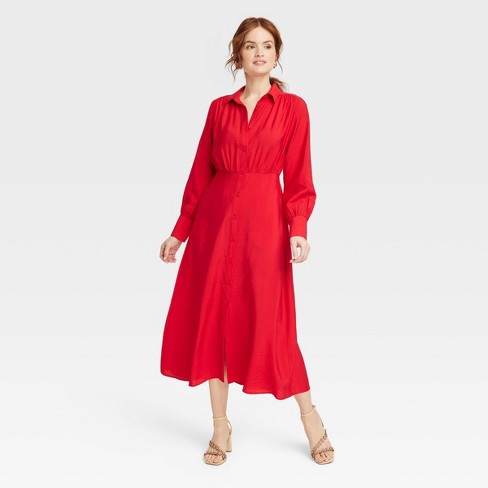 Women's Long Sleeve Collared Midi Crepe Shirtdress - A New Day™ Red XS