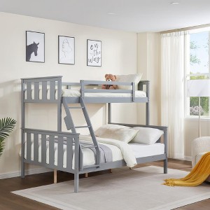Twin over Full Bunk Bed with Ladder – Wooden Frame with High Guardrails for Kids – No Box Spring Needed – Sturdy and Space-Saving – Gray - 1 of 4