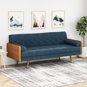 Adelaide Mid-Century Modern Tufted Sofa with Rolled Accent Pillows, Gold-Tipped Rubberwood Legs & Diamond Stitching - 1 of 4