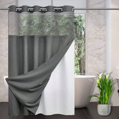 No Hooks Required Waffle Weave Shower Curtain with Snap in Liner Hotel Grade Waterproof Mesh Top Window Washable