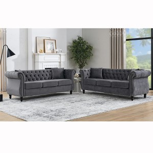 3+3 Seater Velvet Chesterfield Sofa Set with Nailhead Trim, Removable Cushions and 4 Pillows Included - 1 of 4