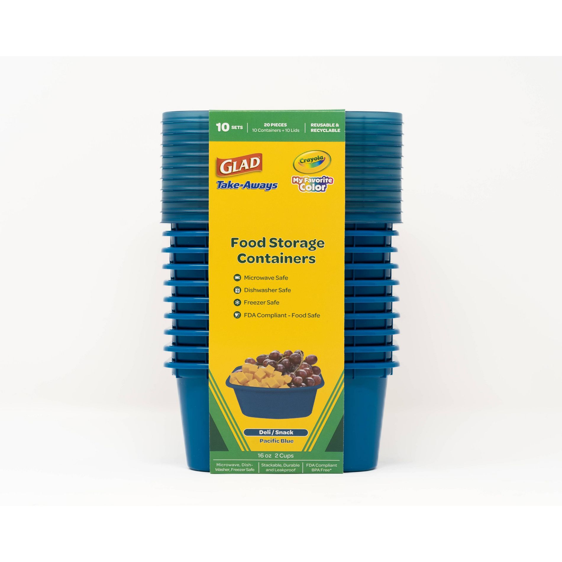 Glad Crayola Take-Aways 16oz/10pk Deli Snack Food Storage Containers - Pacific Blue