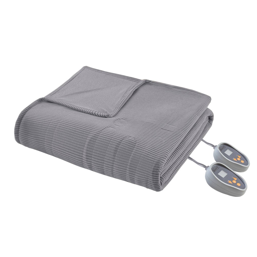 Knitted Micro Fleece Electric Heated Blanket (Full) Gray - Beautyrest: Midweight, Machine Washable, 5-Year Warranty