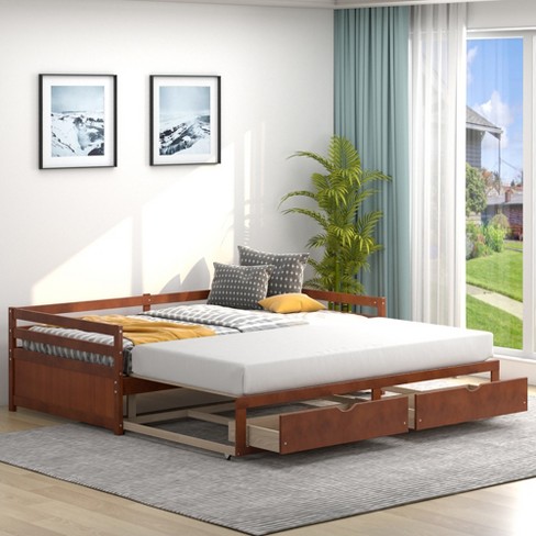 Churanty Twin to King Wooden Daybed with Twin Size Trundle Bed and Two  Storage Drawers, Extendable Bed Frame, Sofa Bed for Bedroom Living Room,  Espresso 