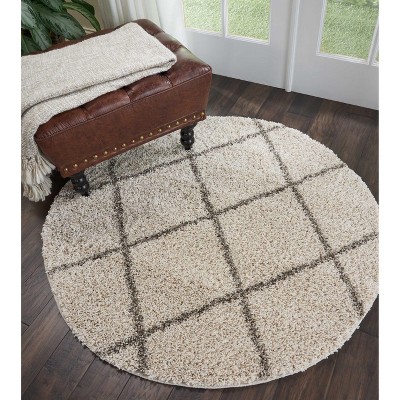 Cream Diamond Pattern Round Shag Area Rug, 5'