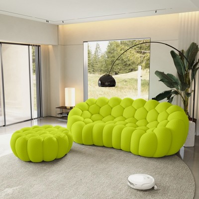 WJSHome 3 Seater Bubble Sofa with Ottoman, Curved Couch, Comfy Upholstered Sofa, Mesh Fabric 3D Honeycomb Shape Modern Couch