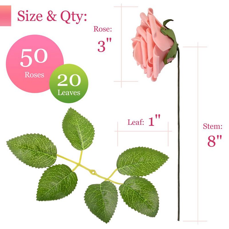 RCZ Décor Artificial Foam Roses for Decoration, Attractive Fake Flowers for DIY Wedding Centerpieces, Includes: 50 Roses with Stems and 20 Leaves, 4 of 7