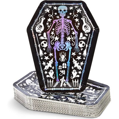 Spooky Central 48 Pack Skeleton Coffin Paper Plates, Black Halloween Party Supplies (10 In)