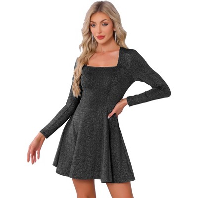 INSPIRE CHIC Women's Sparkly Square Neck Long Sleeve Cocktail Club A-Line Evening Party Dress