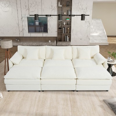 DOMETOUR Oversized Deep Seat Sectional Chenille Cloud Sofa Sleeper with 3 Ottomans & Soft Pillows, Modular Couch Bed for Living Room