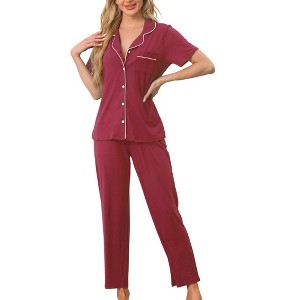 cheibear Women's Button Down Short Sleeve Shirt and Pants 2 Piece Pajama Set Loungewear - 1 of 4