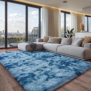 Tie-Dyed Blue Gray Shag Rug, Ultra Soft 1.7" Thick, Non-Slip Backing, 100% Polyester, Multi Sizes - 1 of 4