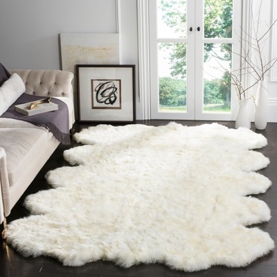 Luxurious Hand-Knotted Sheepskin White and Beige 6' Square Rug