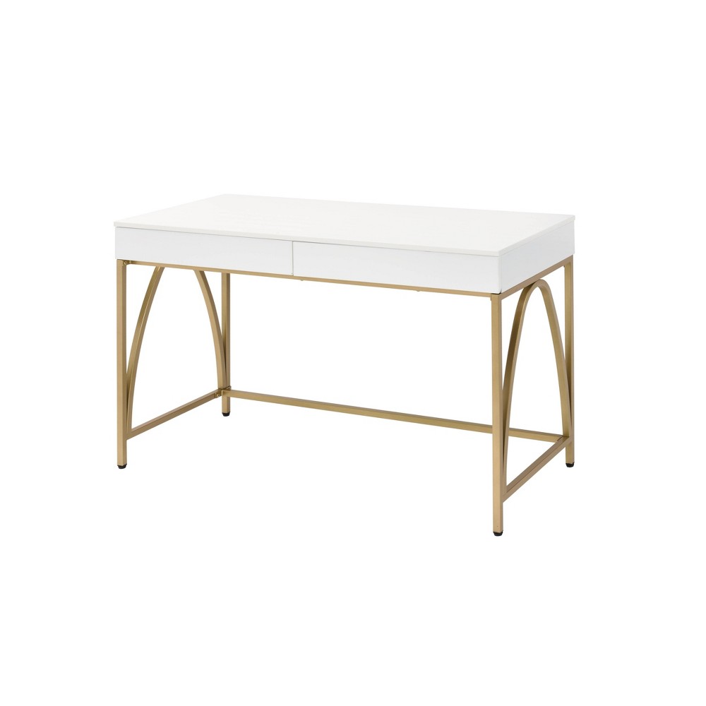 Light Mane Desk White High Gloss/Gold - Acme Furniture: 31" H, 2 Drawers, Metal Frame, 47" W