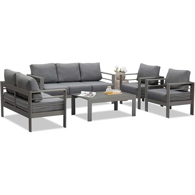 ONWITH 5 Pieces Outdoor All-Weather Conversation Set, Sectional Sofa, Aluminum Couch - Dark Gray Cushions