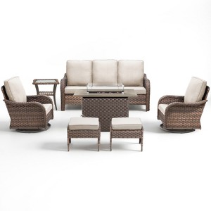 Buenhomino Patio Furniture with Fire Pit, Wicker Outdoor Couch and Swivel Rocking Chairs, Propane Fire Pit Conversation Set - 1 of 4