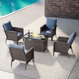 Brafab 5 Pcs Patio Furniture Set with 44" Gas Fire Pit Table, PE Wicker Patio Conversation Sets Cushioned Seat Outdoor Sofa Set for Yard Garden Porch - 1 of 4
