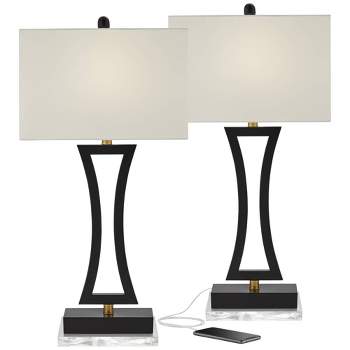360 Lighting Roxie Modern Table Lamps Set of 2 with Clear Acrylic Risers 31" Tall Black USB Charging Port Off White Shade for Bedroom Living Room Kids