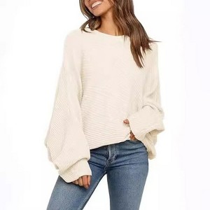 Coolmee Women's Oversized Crewneck Sweater Batwing Puff Long Sleeve Cable Slouchy Pullover Jumper Tops - 1 of 2