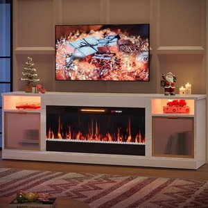 Bestier 70'' Electric Fireplace TV Stand, High Gloss Entertainment Center for TVs up to 80 inch with LED Lights & Storage Cabinets - 1 of 4