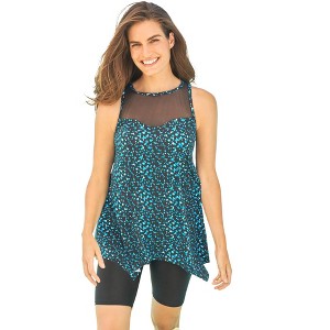Swim 365 Women's Plus Size Mesh-Inset Longer Length Tankini Top - 1 of 4