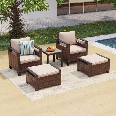 Sonkuki 5 Pieces PE Rattan Patio Chairs & Side Table, Patio Furniture with Cushion, Ottomans for Lawn, Sand