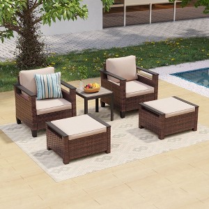 Sonkuki 5 Pieces PE Rattan Patio Chairs & Side Table, Patio Furniture with Cushion, Ottomans for Lawn, Sand - 1 of 4