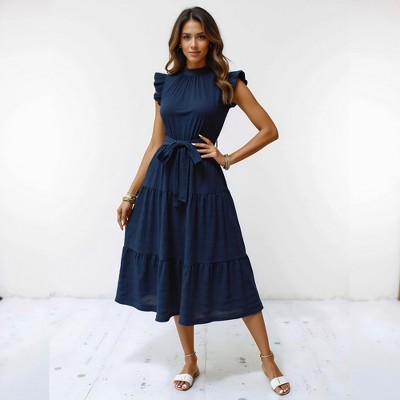 Knit & Lounge Women’s Tiered Midi Dress with Ruffle Sleeves High Neck Waist Tie Lightweight Textured Fit