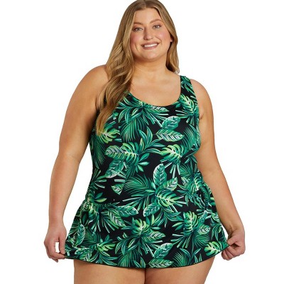 Sporti Plus Size Tropical Palm Leaf Swim Dress