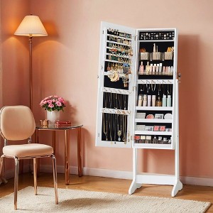 Jewelry Cabinet Armoire, Freestanding Lockable Storage Organizer with 2 Plastic Cosmetic Storage, Full-Length Frameless Mirror for Necklace Earring - 1 of 4
