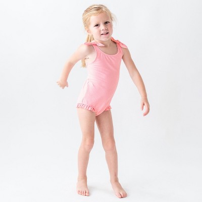 RuffleButts Girls Seersucker Tie Shoulder One Piece - Pink Seersucker, Size: 4T — фото 3
