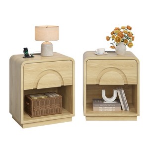 Bestier Nightstands Set of 2 with Charging Station, Modern Bedside Table End Tables with Drawer & Open Shelf for Bedroom & Living Room, Natual Oak - 1 of 4