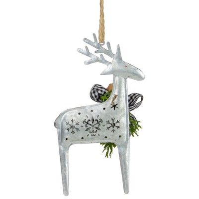 Silver Metal Reindeer Ornament with Pine and Gingham Bowtie