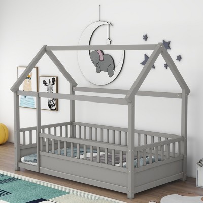 Wooden Floor Bed with Fence Guardrails and House Roof Frame, Pine Frame for Kids Bedroom Safety and Imaginative Play - Baofuwish