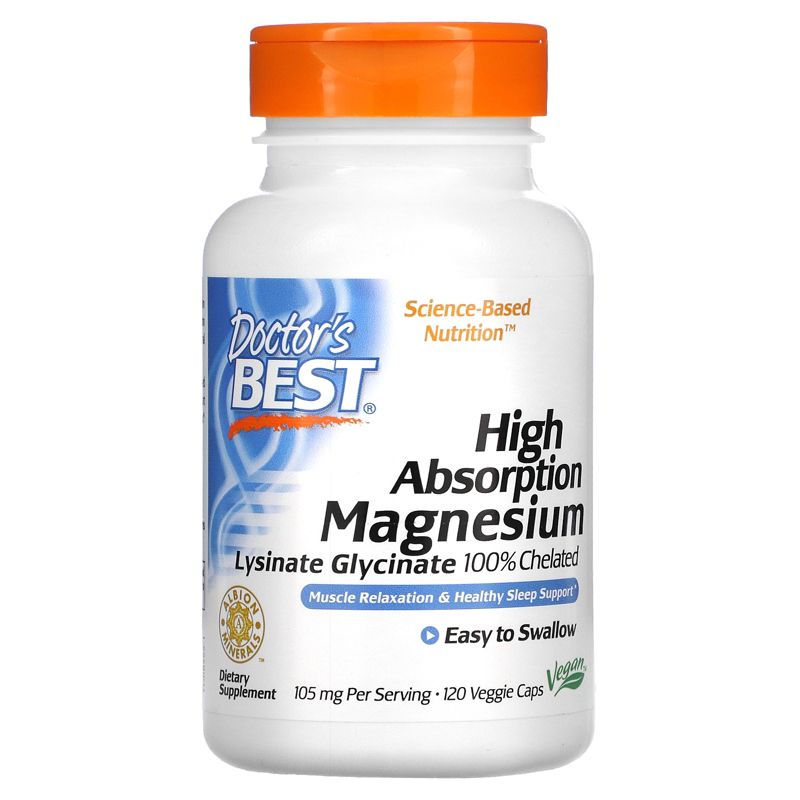 Doctor's Best High Absorption Magnesium, Lysinate Glycinate 100% Chelated, 105 mg per Serving, 120 Veggie Caps, 1 of 3