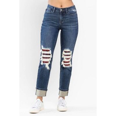 Women's ‚Äúcharlotte‚Äù Midrise Buffalo Plaid Patch Destroyed friend Jeans - Judy Blue