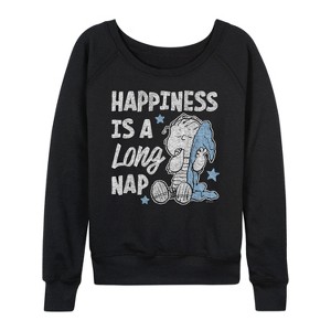 Women's - Peanuts - Linus Happiness Is A Long Nap Lightweight French Terry Wide Neck Long Sleeve Shirt - 1 of 4