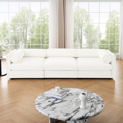 DOMETOUR White Chenille 3-Seater Sofa with Storage Seat, Cylindrical Backrest & Armrests, Contemporary Fabric Couch