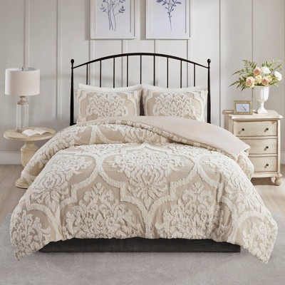Viola Taupe Full/Queen Cotton Chenille Damask Duvet Set