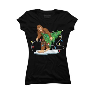 Junior's Design By Humans Bigfoot Christmas Tree Sasquatch Santa Christmas Gift By amitsurti T-Shirt - 1 of 3