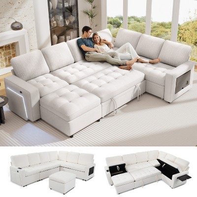 Vipbear 7 Seat U Shaped Sectional Couch Modular Sectional Sleeper Sofa Bed with Pull Out Bed/Reclining Backrest/Table/LED Light/Tool-Free Assembly