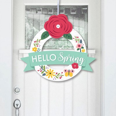 Big Dot of Happiness Hello Spring - Outdoor Floral Decor - Front Door Wreath