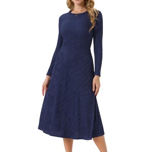 INSPIRE CHIC Women's Long Sleeve Round Neck Casual Stretchy A-Line Midi Dress - 1 of 4
