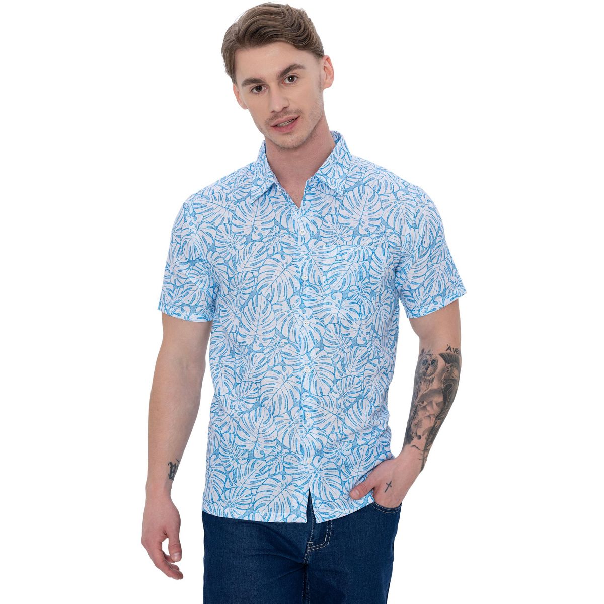 HAPPY BAY Men's Hawaiian Shirt Fashion Button Down Short Sleeves Holidays Aloha Party Casual Tops Summer Beaches Shirts for Men XXL Blue Leaves
