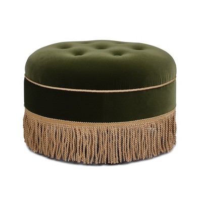Olive Green Velvet Tufted Round Ottoman with Fringe