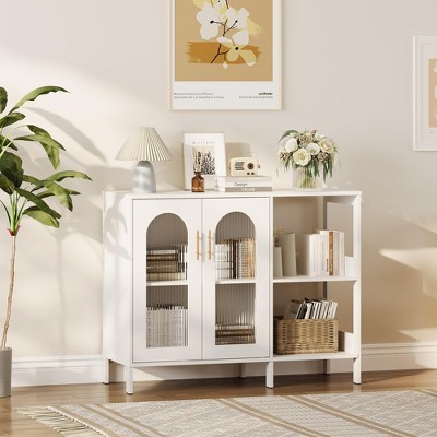 39.4" Modern Sideboard Cabinet with Storage, Wooden Frame, Glass Paneled Doors, Dual Gold Metal Handles