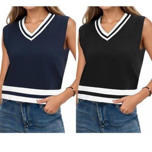 ATHLECHIC Women's Summer Knit Color Block Sleeveless V Neck Loose Fit Preppy Trendy Tank Tops 2 Packs - 1 of 4