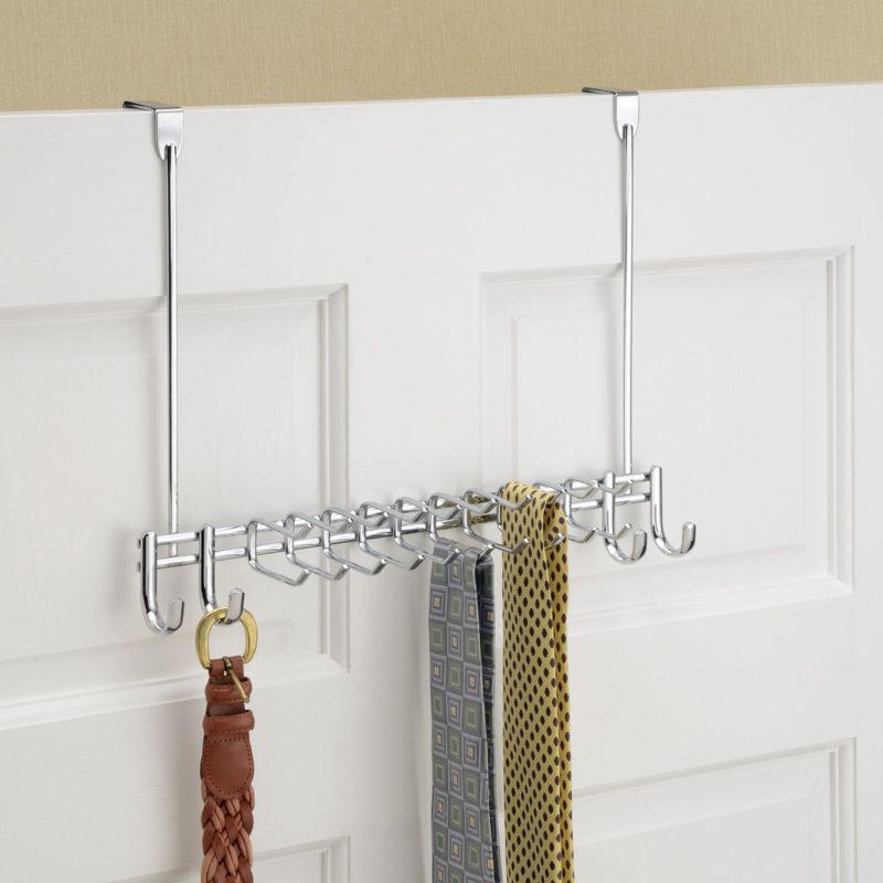 mDesign Metal Over Door Hanging Storage Rack for Ties, Belts, 24 Hooks - Chrome, 2 of 7