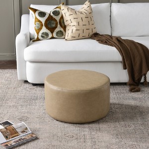 KINWELL Faux Leather Round Upholstered Footstool PU Ottoman, 24"x13" - 1 of 4